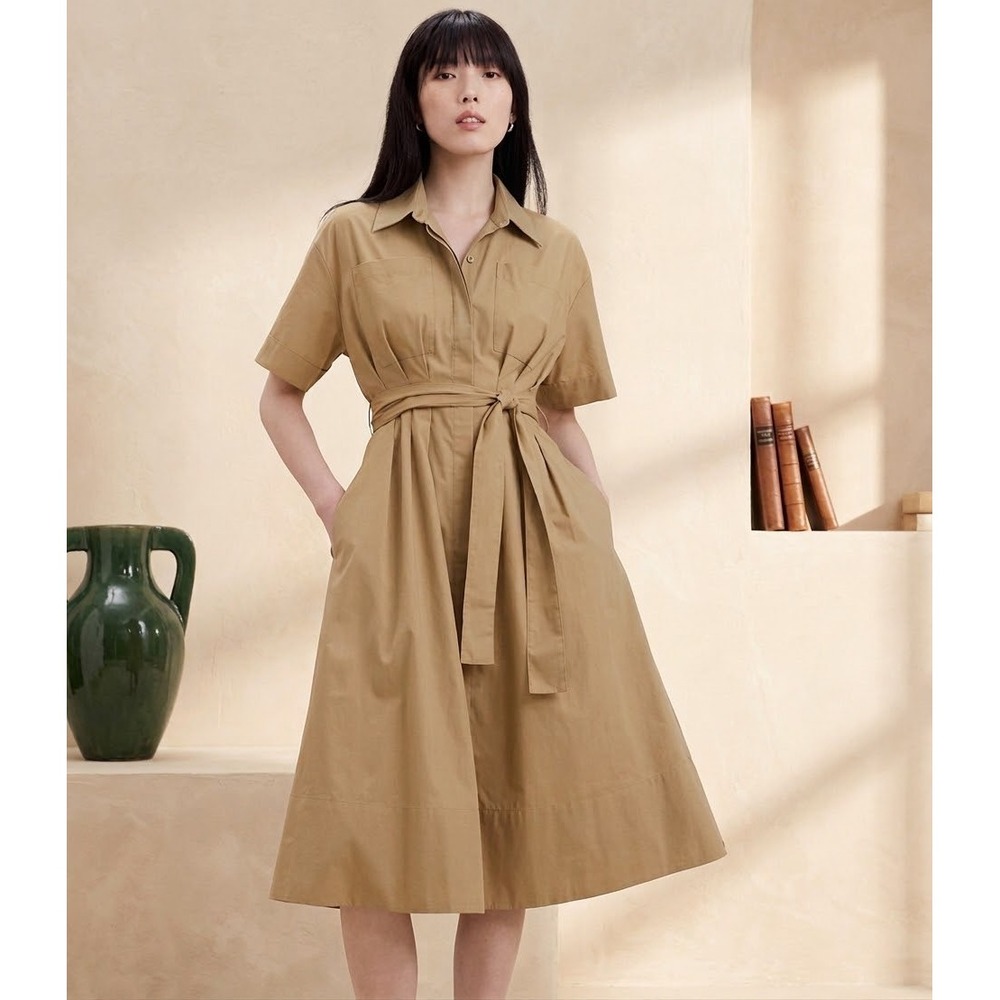 Banana Republic Factory Khaki Cotton Poplin Midi Shirtdress Belted Tan Small